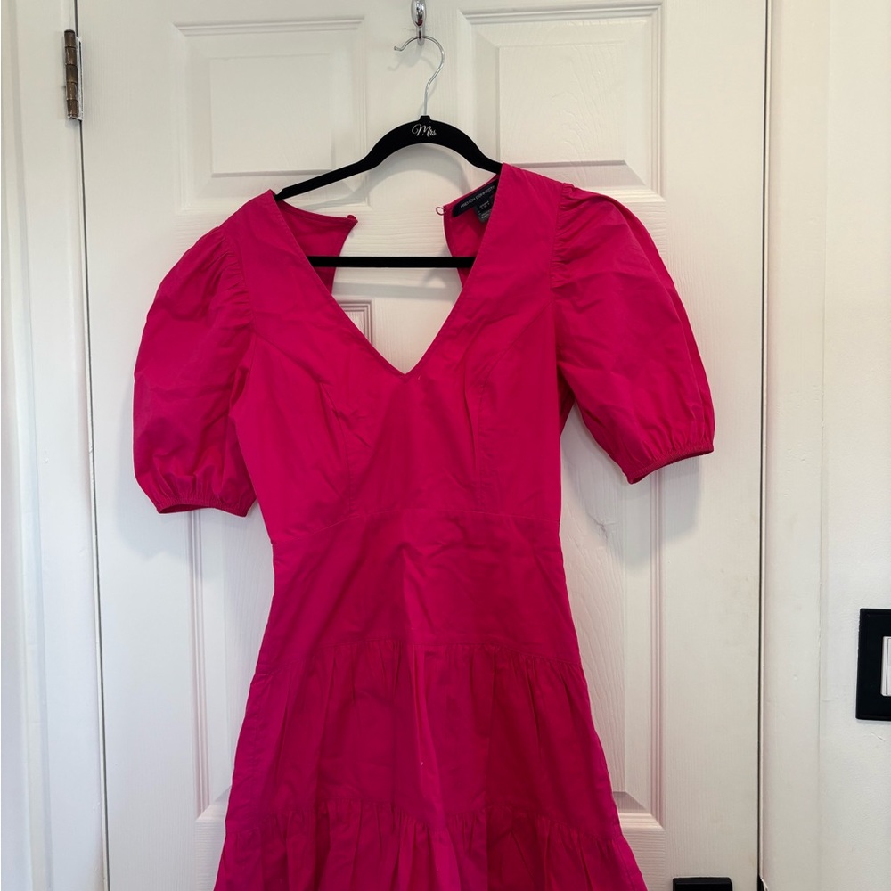 French Connection Hot Pink V-Neck Puff Sleeve Mini Dress